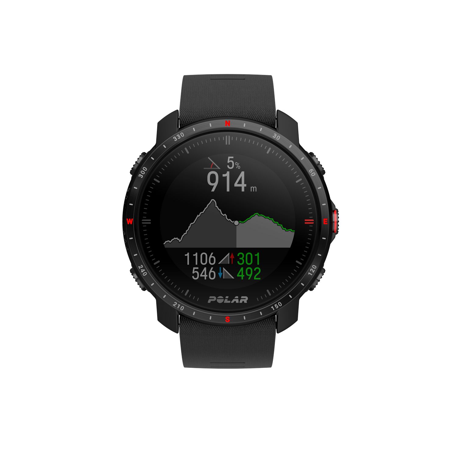 Un reloj Polar negro con una pantalla que muestra la elevación y otras métricas de actividad.