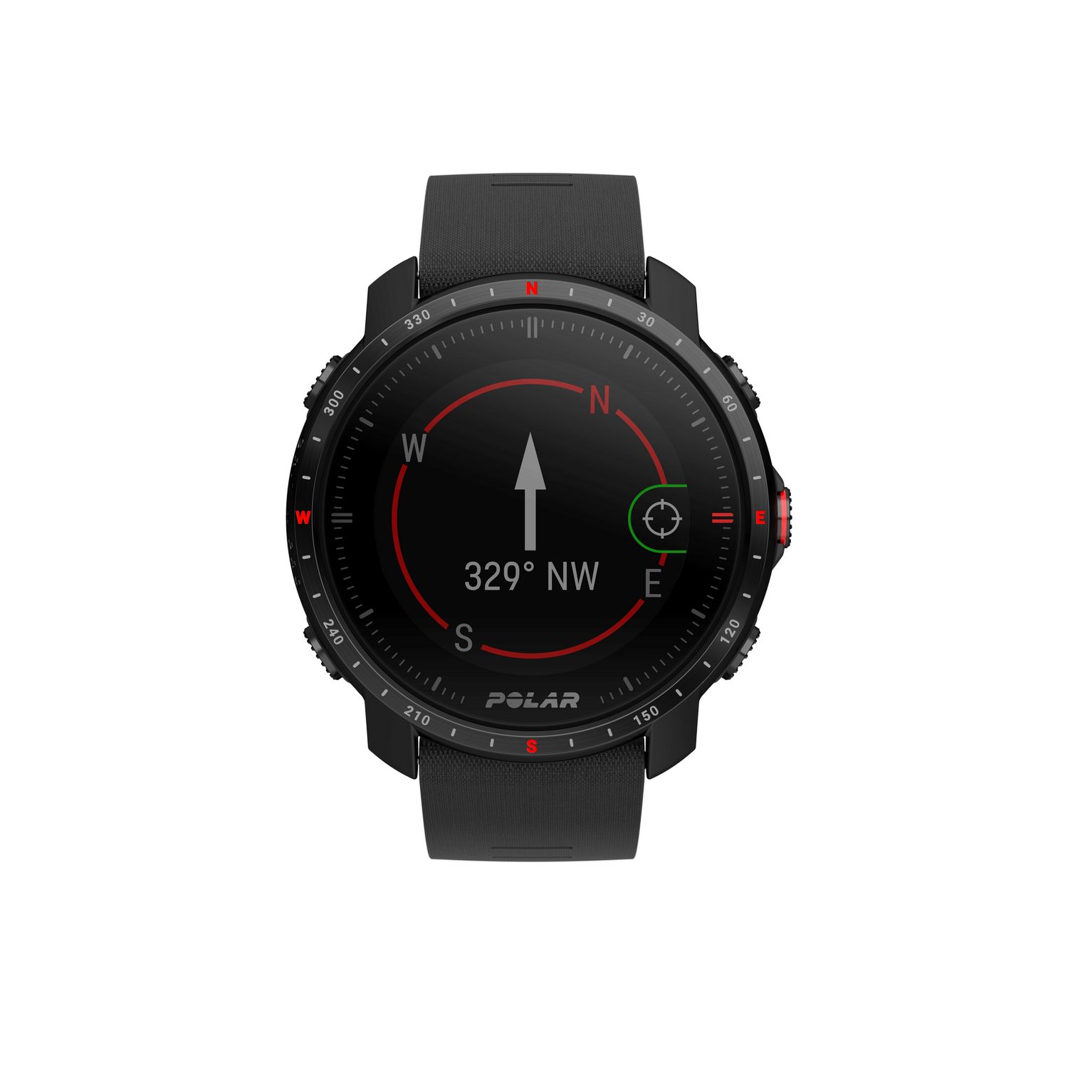 Smartwatch negra que muestra brújula y dirección. Acentos rojos y blancos. Fondo negro.