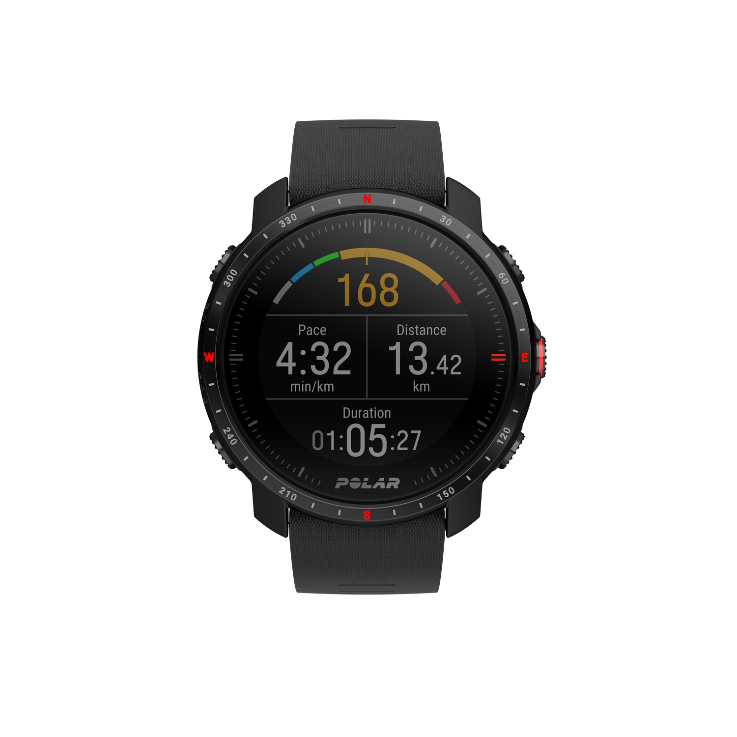 Smartwatch negra mostrando datos sobre un fondo negro.