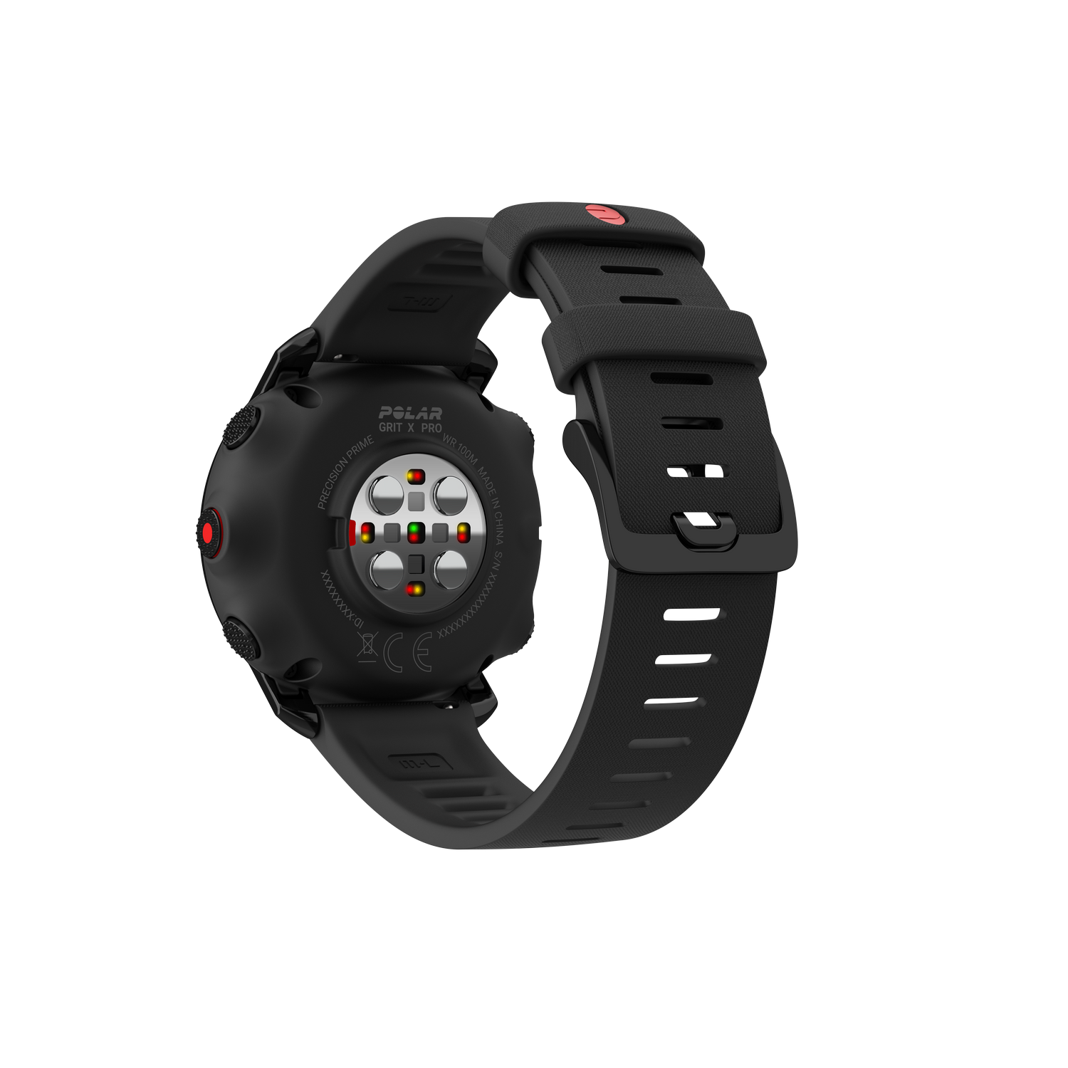 Reloj Polar Grit X Pro negro, vista trasera. Fondo negro. Botón rojo visible.