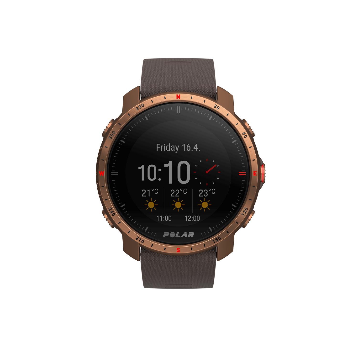 Un reloj inteligente con una correa marrón que muestra la hora y el clima.