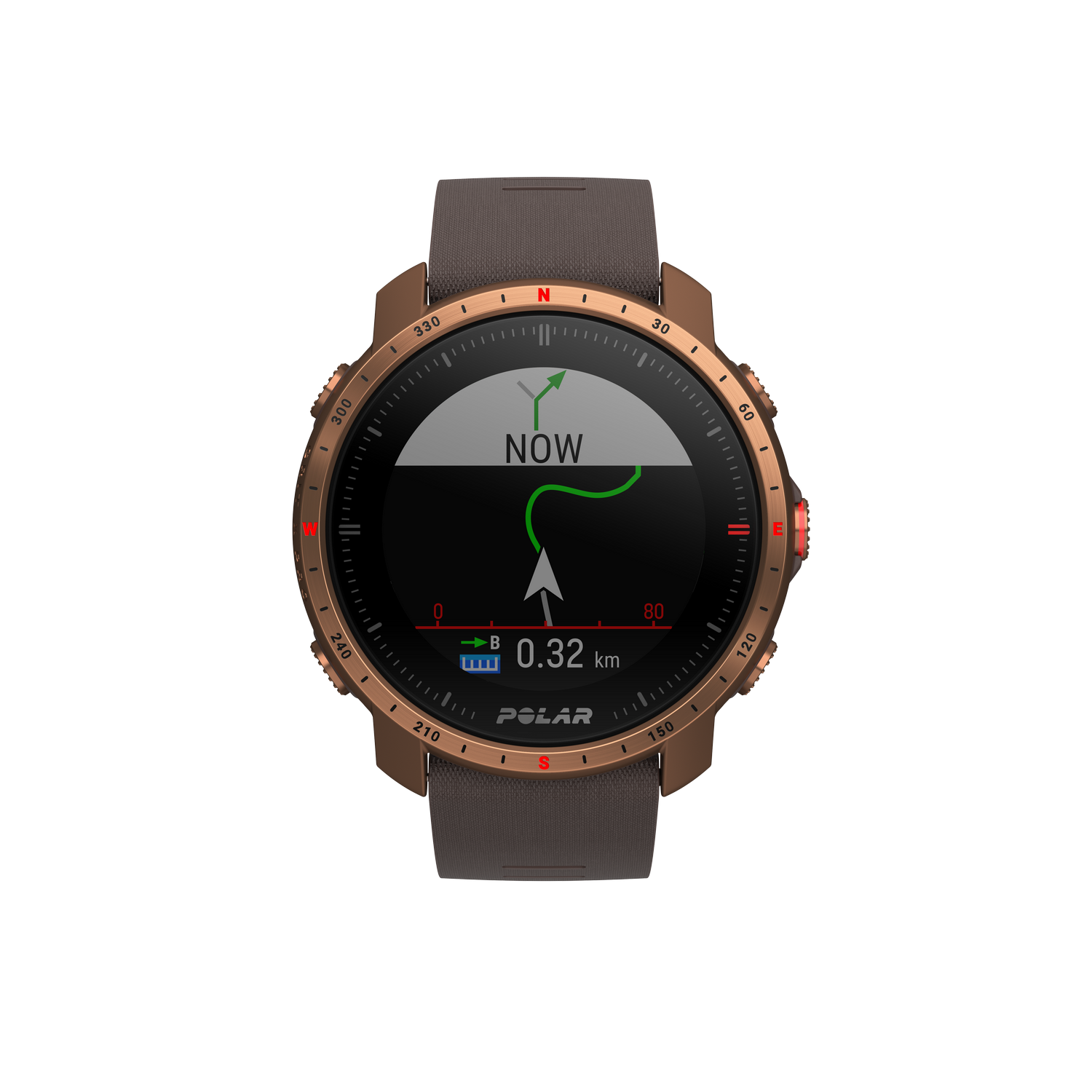 Un smartwatch con correa negra, mostrando un mapa y datos en pantalla.