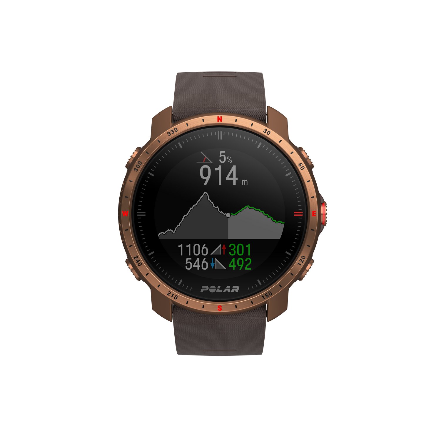 Un reloj Polar con correa marrón, que muestra datos de fitness y un gráfico de montaña.