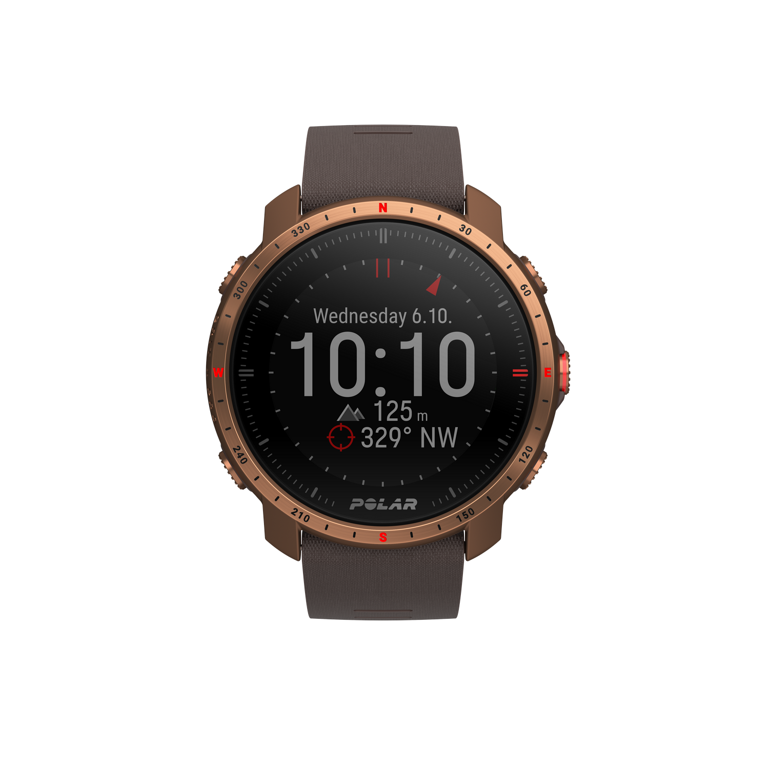 Smartwatch Polar con correa marrón, mostrando hora y datos.