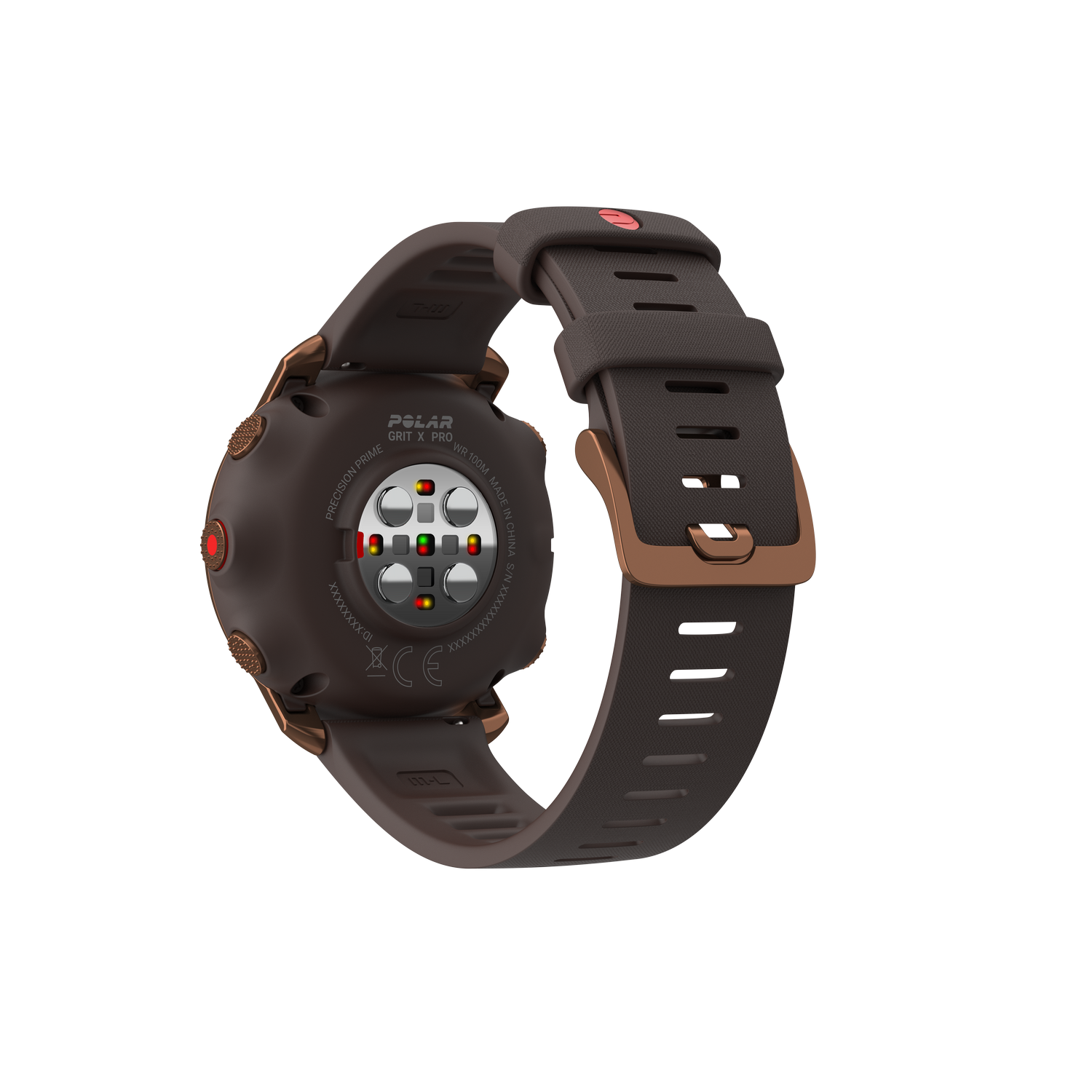 Vista trasera de un reloj Polar Grit X Pro. Muestra la correa, los sensores y la esfera del reloj.