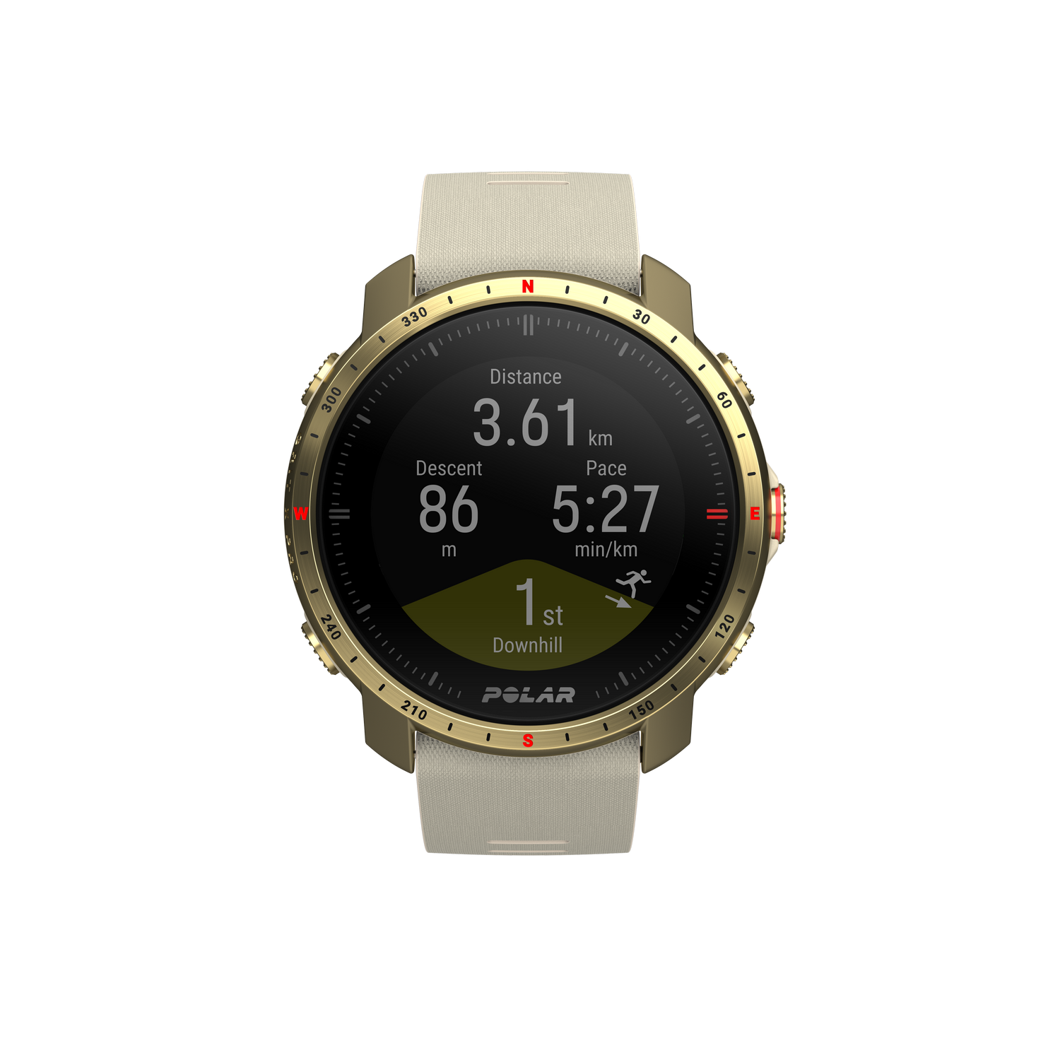 Smartwatch que muestra métricas de distancia, descenso, ritmo y tiempo.