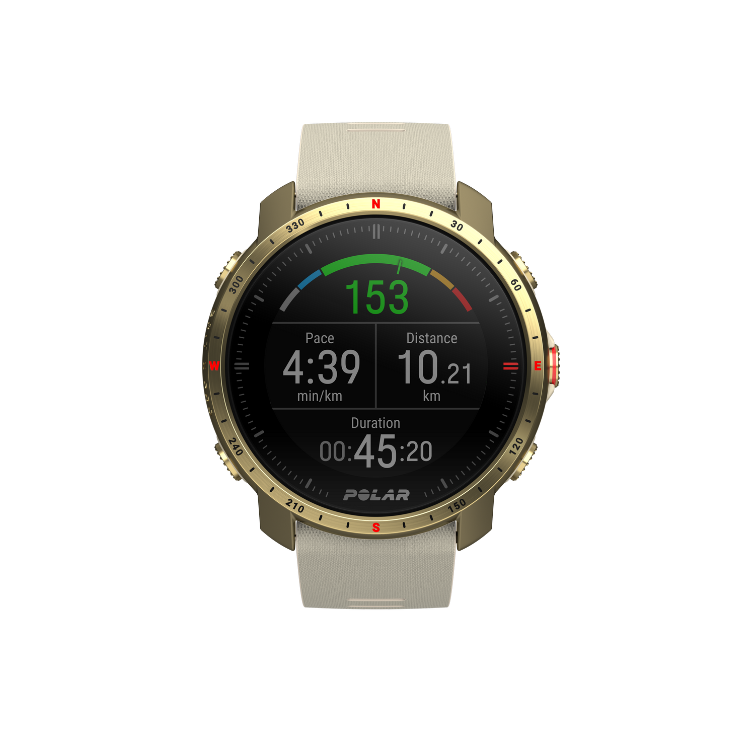 Reloj deportivo Polar mostrando ritmo, distancia y duración sobre fondo negro.