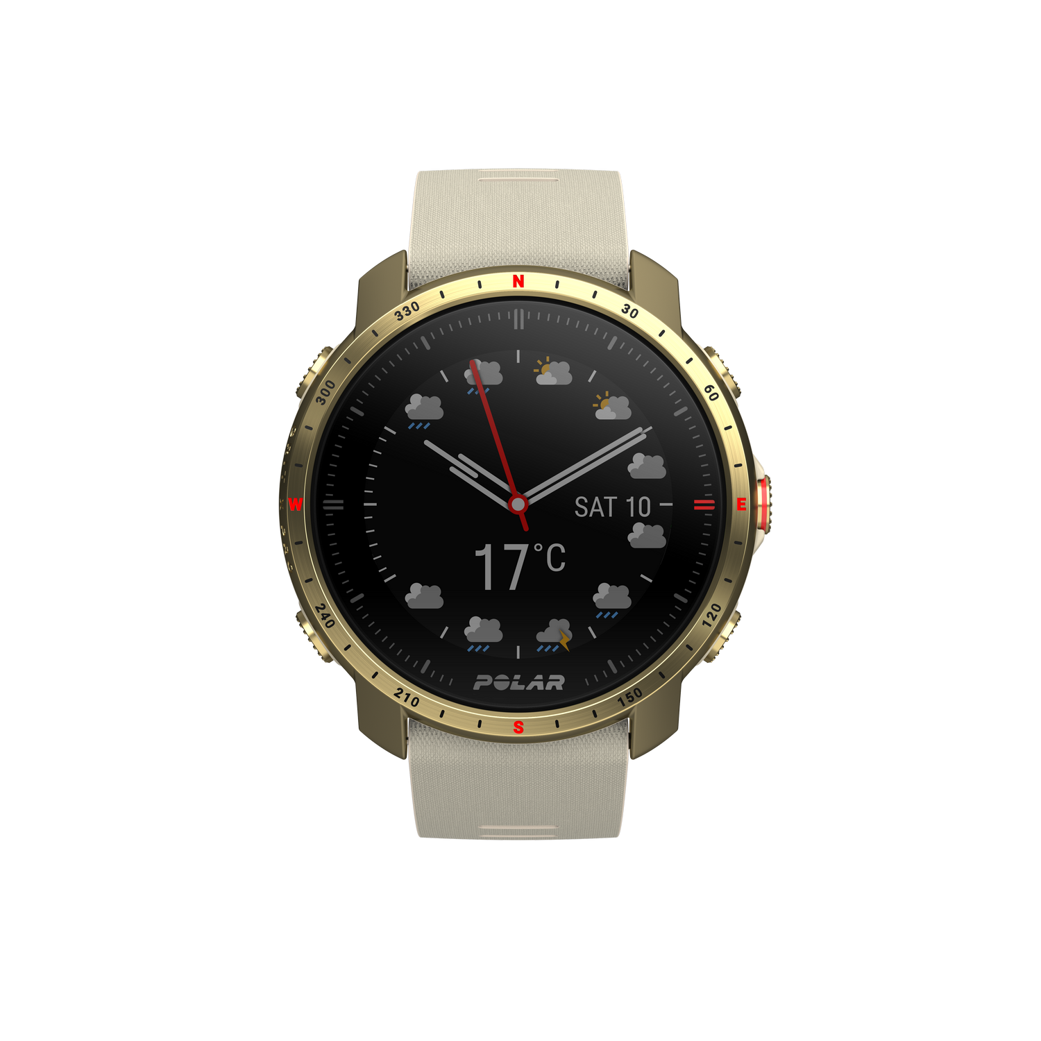 Un reloj inteligente dorado con una pantalla redonda negra que muestra la hora y los detalles del clima.