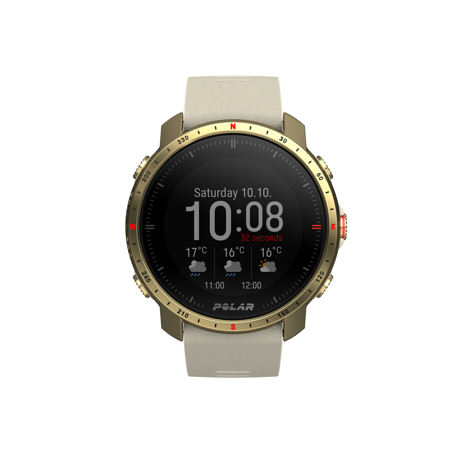 Un reloj Polar dorado y beige muestra la fecha, hora, temperatura e iconos del tiempo sobre fondo blanco.