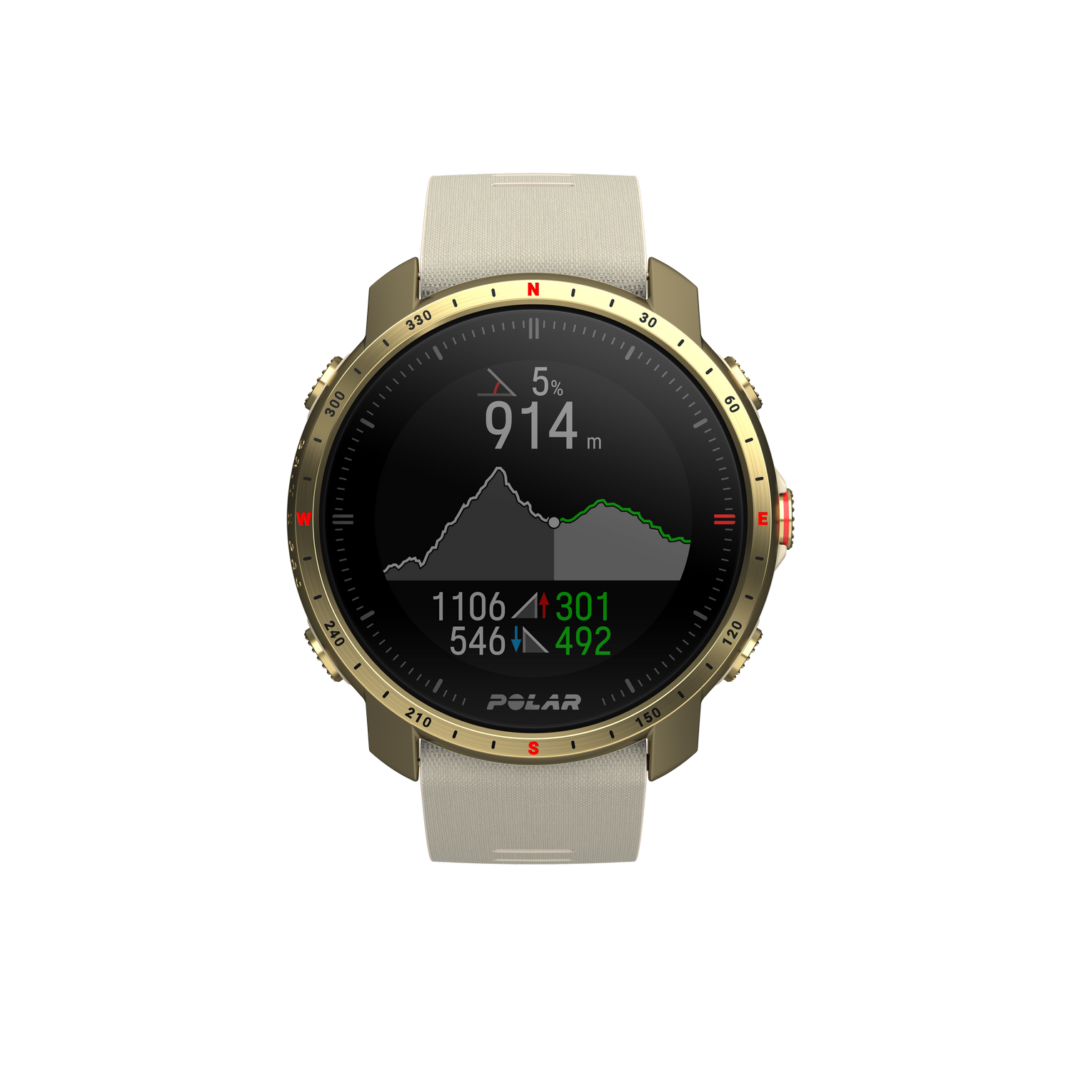 Reloj inteligente Polar dorado que muestra un gráfico de montaña y estadísticas sobre un fondo negro. El reloj tiene una correa crema.
