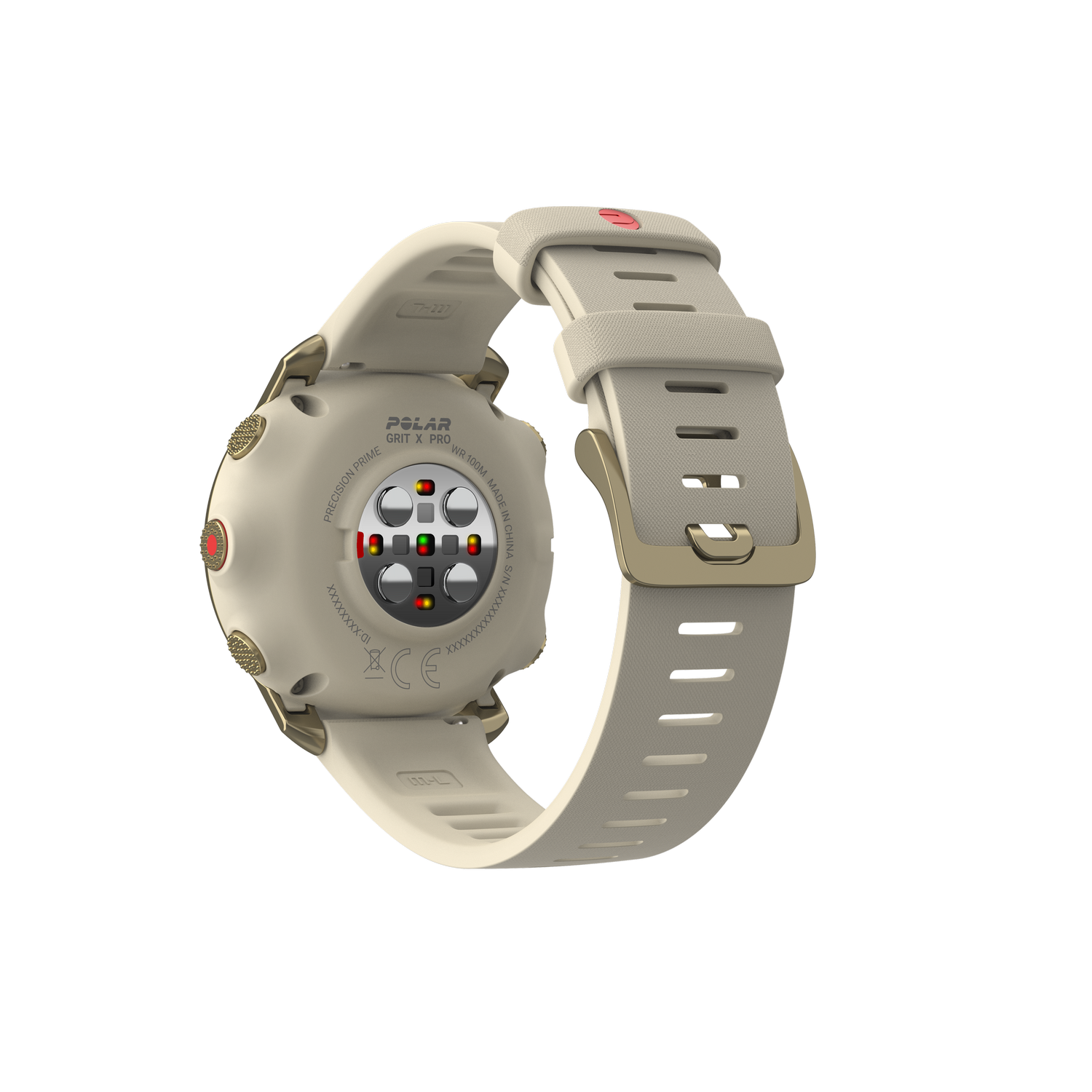 Parte trasera del reloj Polar Grit X Pro con correa crema y detalles dorados.