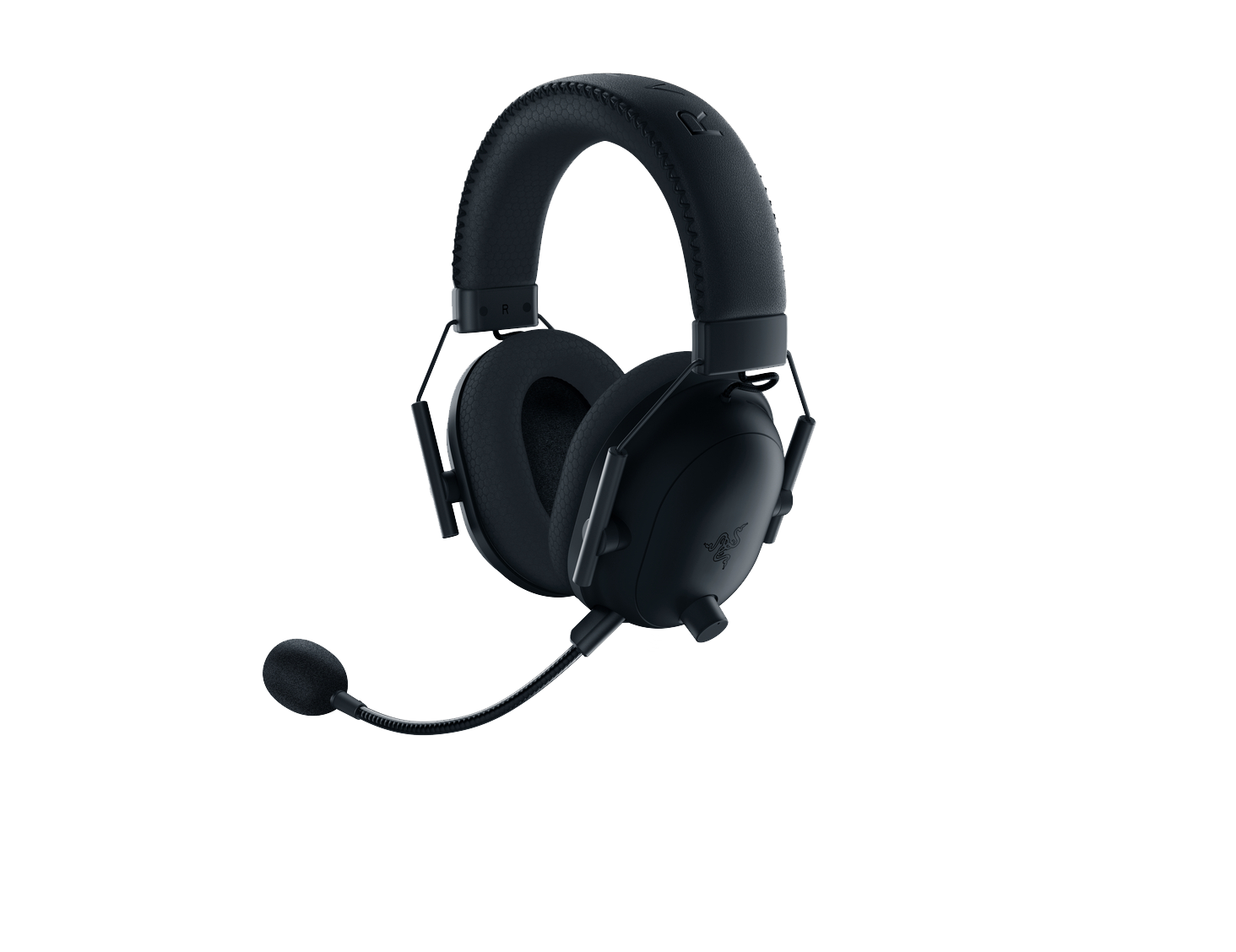 Zwarte gamingheadset met een microfoon. Het heeft het Razer-logo. De achtergrond is zwart.