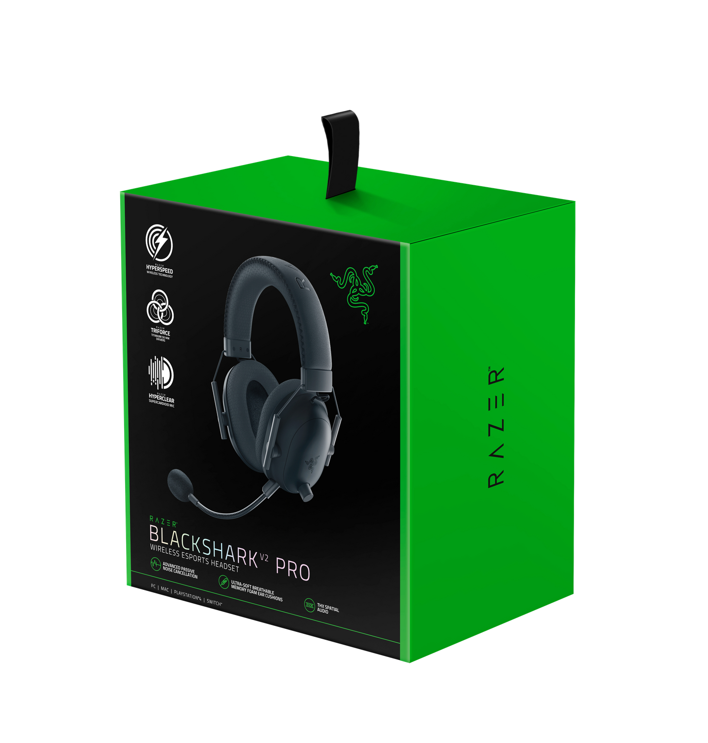 Een groene doos met een headset erop, met het Razer-logo, op een witte achtergrond.