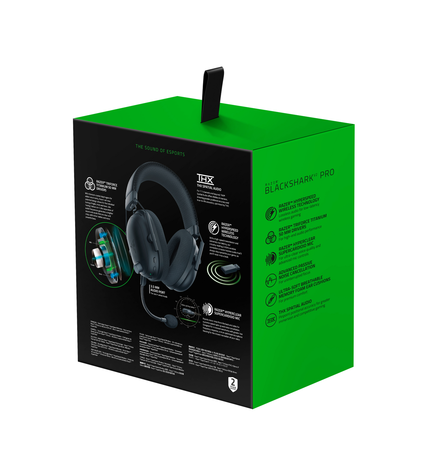 Groene doos met zwarte koptelefoon. Tekst: Razer Blackshark Pro. Kenmerken staan op de doos.