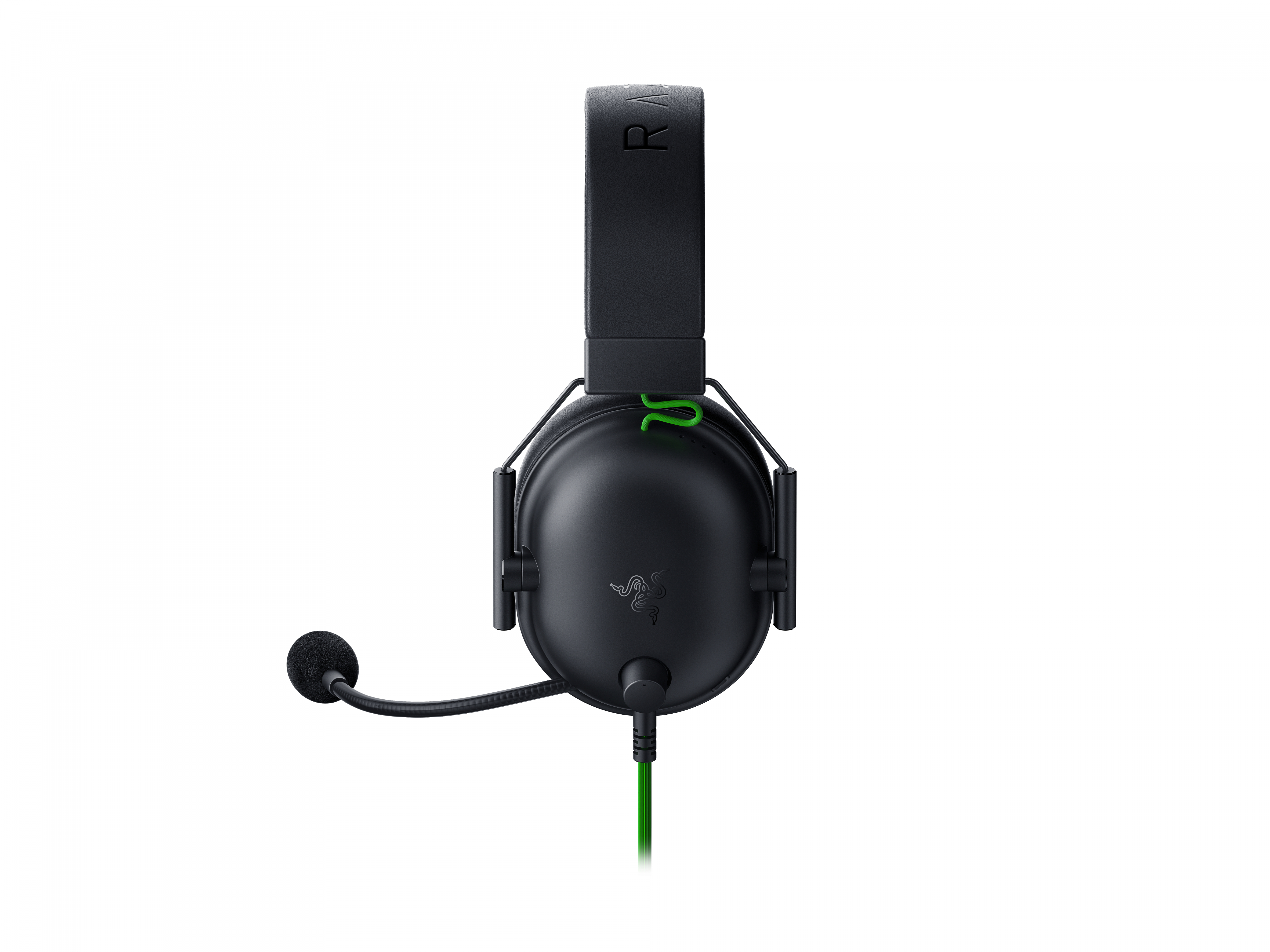 Een zwarte Razer gaming headset met een groene kabel en microfoon.
