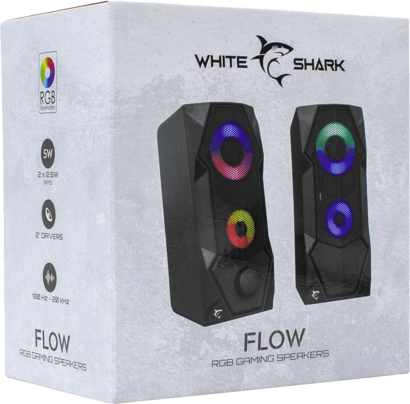 White Shark FLOW RGB gaming hangszórók egy dobozban. A hangszórók feketék színes fénykiemeléssel.