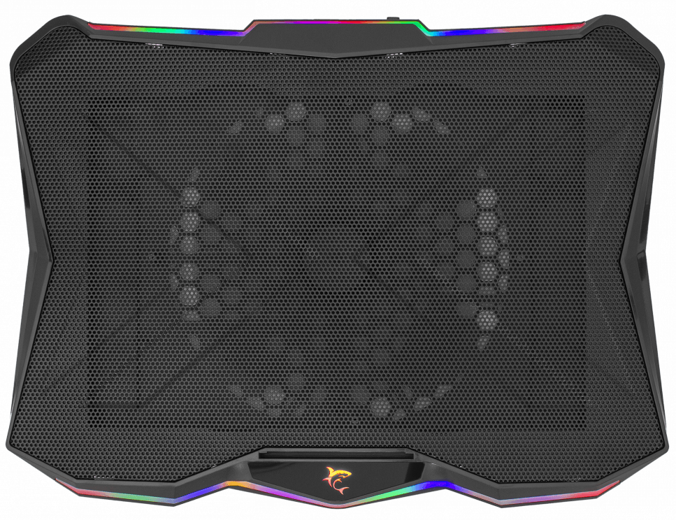 Egy fekete laptop hűtőpad színes RGB világítással.