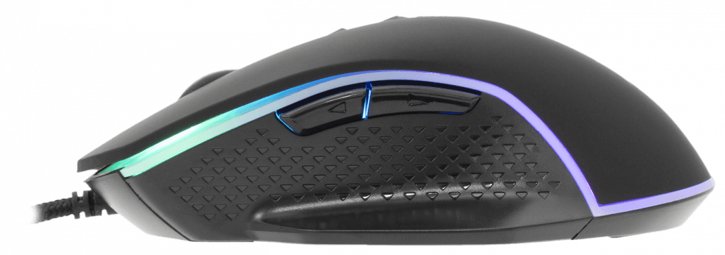 Egy fekete gamer egér RGB világítással és oldalsó gombokkal.