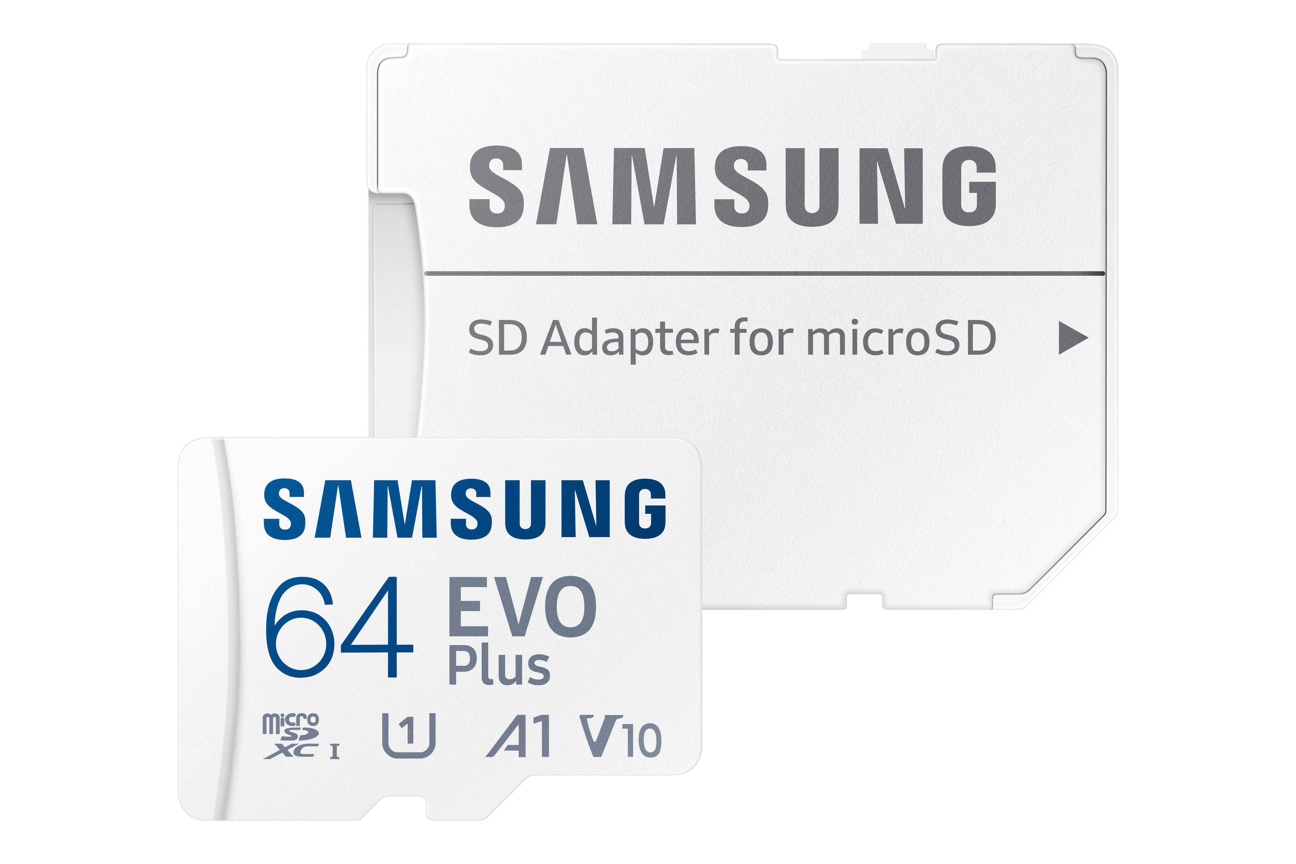 Ein weißer SD-Kartenadapter mit einer Samsung SD-Karte. Die SD-Karte ist weiß mit blauem Text.