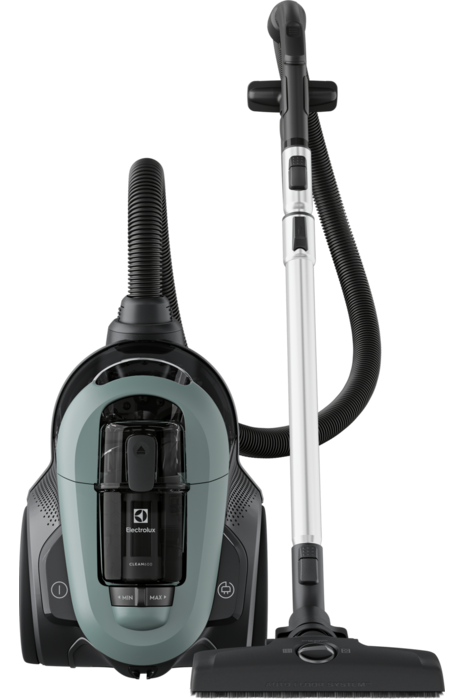 Electrolux porszívó, türkiz és fekete. Tömlőt, hosszabbító pálcát és kefefejt tartalmaz. Fekete háttér.