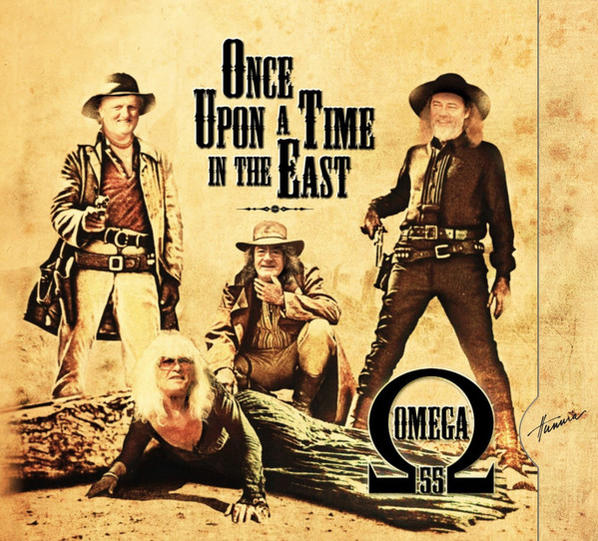 Album borító: 'Once Upon a Time in the East'. Négy férfi cowboynak öltözve. Vintage stílus.