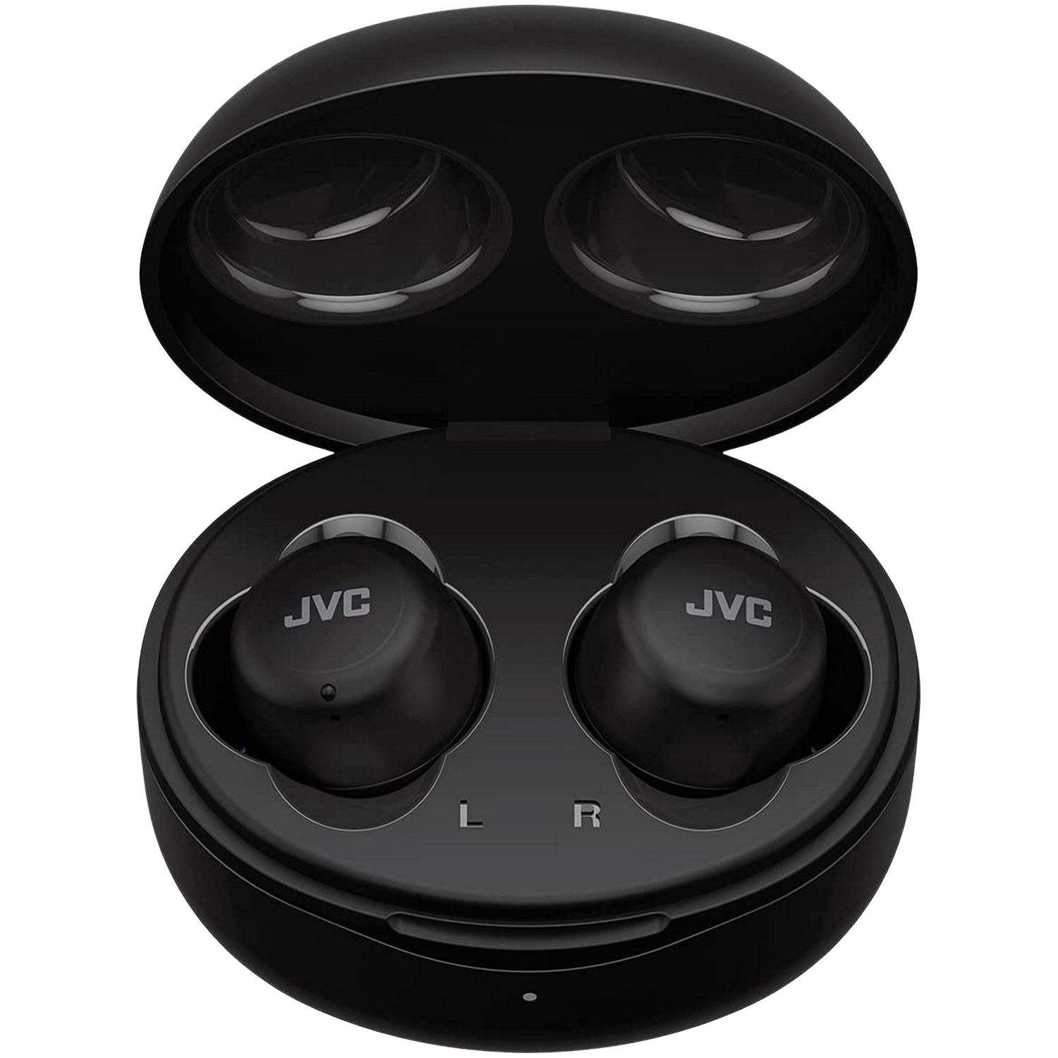 Auriculares negros en un estuche de carga abierto. El estuche es redondo y tiene 'JVC' en cada auricular.
