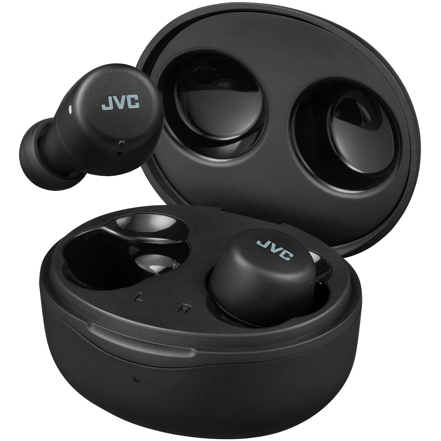 Auriculares JVC negros con estuche de carga. Los auriculares están a la izquierda.