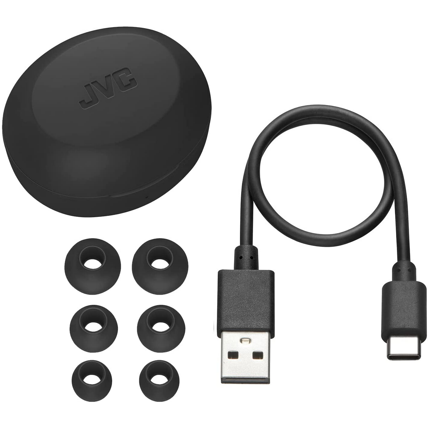 Estuche de auriculares negro, auriculares y cable USB-C. Fondo blanco.