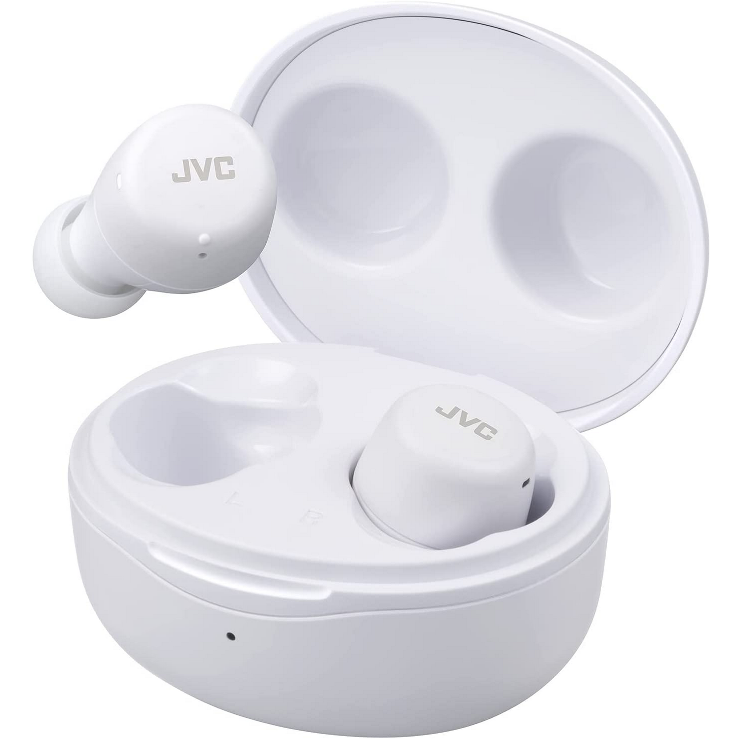 Auriculares JVC blancos con estuche de carga. Los auriculares están en el estuche, tapa abierta. Fondo blanco.