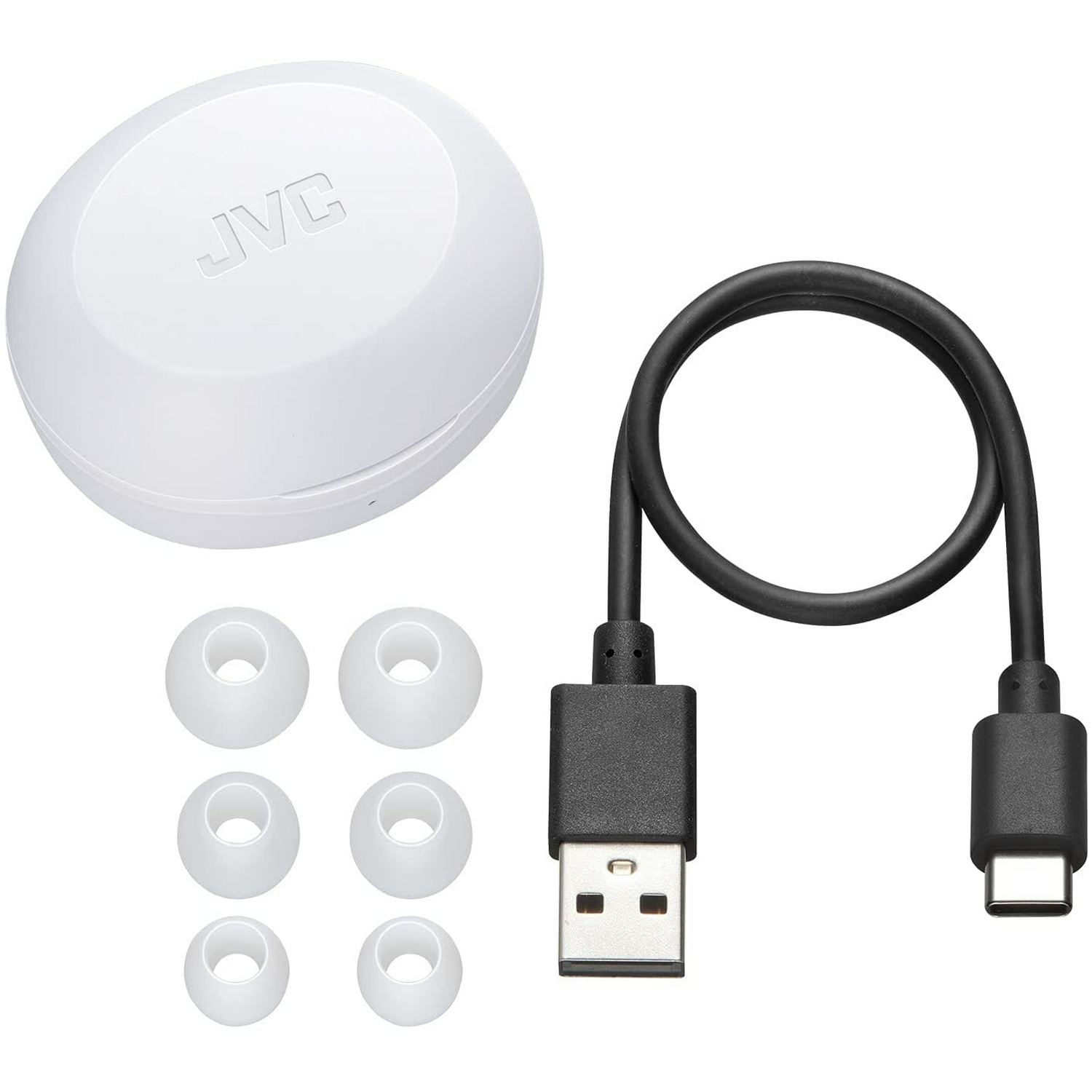 Funda blanca para auriculares, almohadillas y cable USB-C negro sobre fondo blanco.