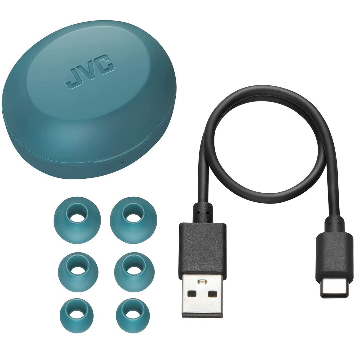 Funda de auriculares turquesa, auriculares y un cable de carga USB-C.