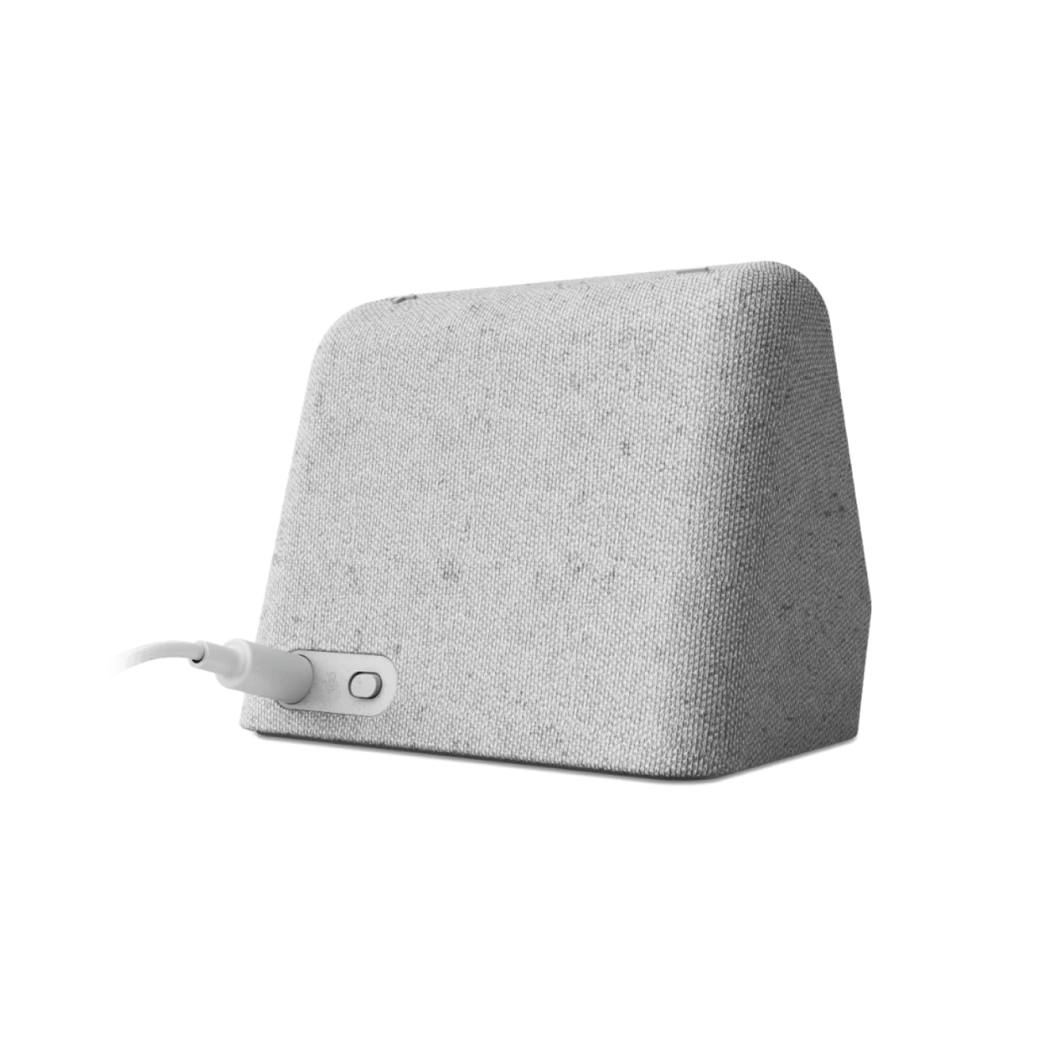 Altavoz inteligente cubierto de tela gris claro con cable de alimentación blanco conectado.