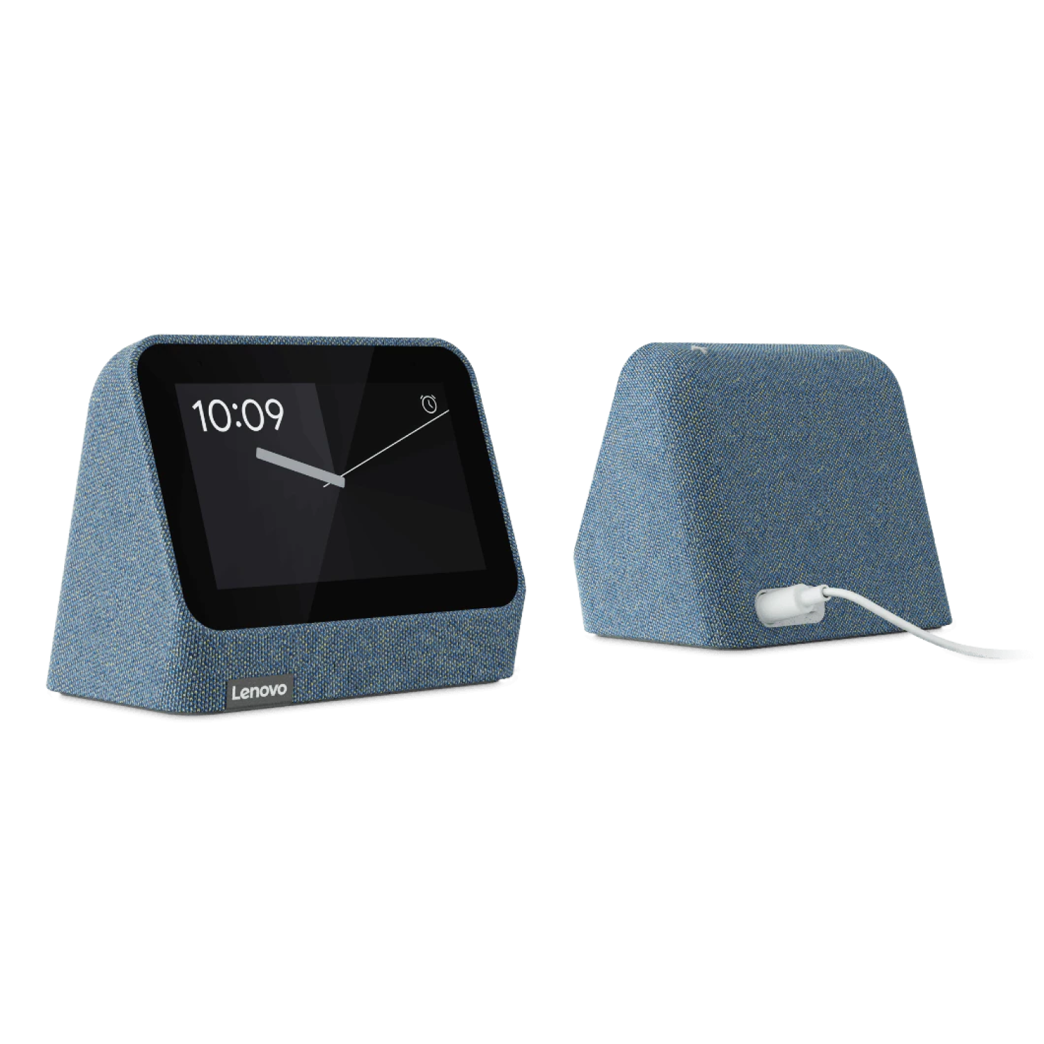 Un reloj inteligente Lenovo cubierto de tela azul, que muestra la hora y una esfera de reloj.