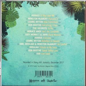 Die Rückseite einer CD-Hülle mit türkisem Hintergrund und Titelliste.