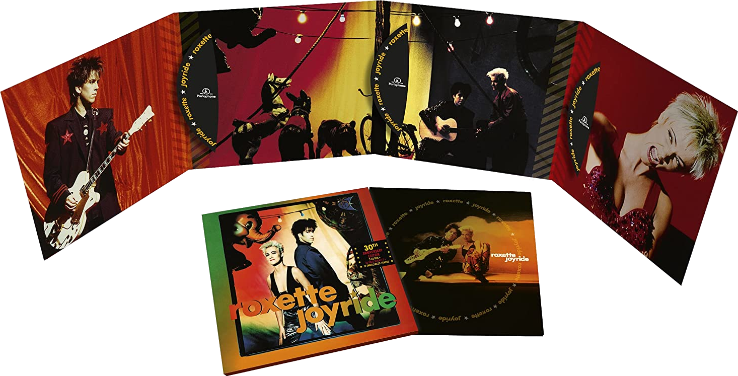 A Roxette Joyride album borítói. Tartalmazza a zenekari tagokat, egy körhintát és a címet.