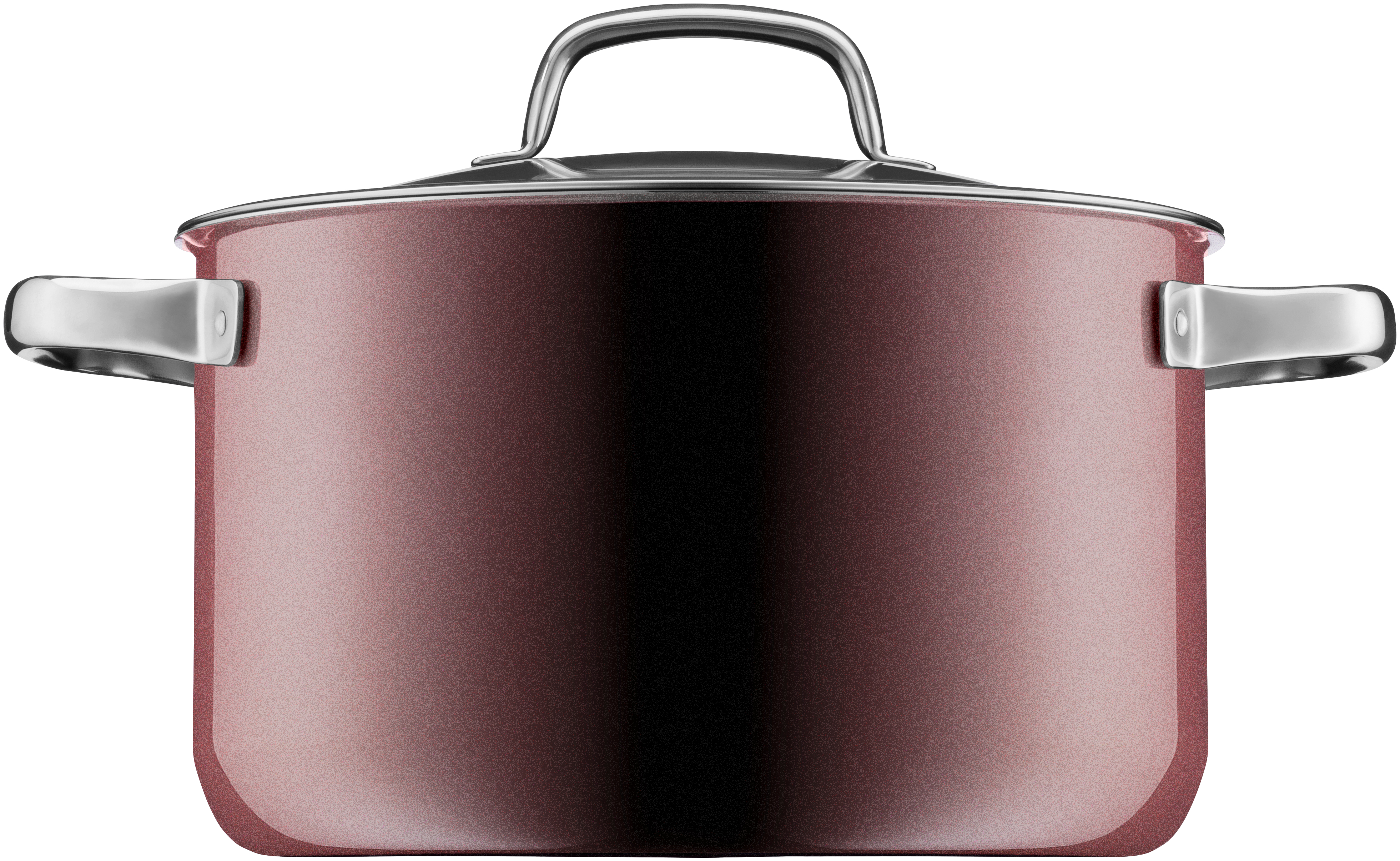 Ein maroonfarbener Topf mit silbernem Griff und Deckel steht auf weißem Hintergrund.