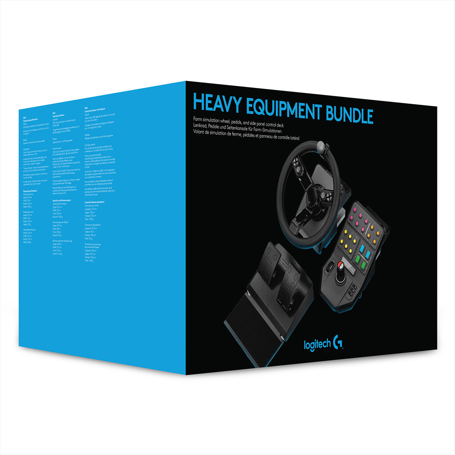 Eine Box mit der Aufschrift "Heavy Equipment Bundle" und Bildern von Lenkrad, Pedalen und Seitenpaneel.