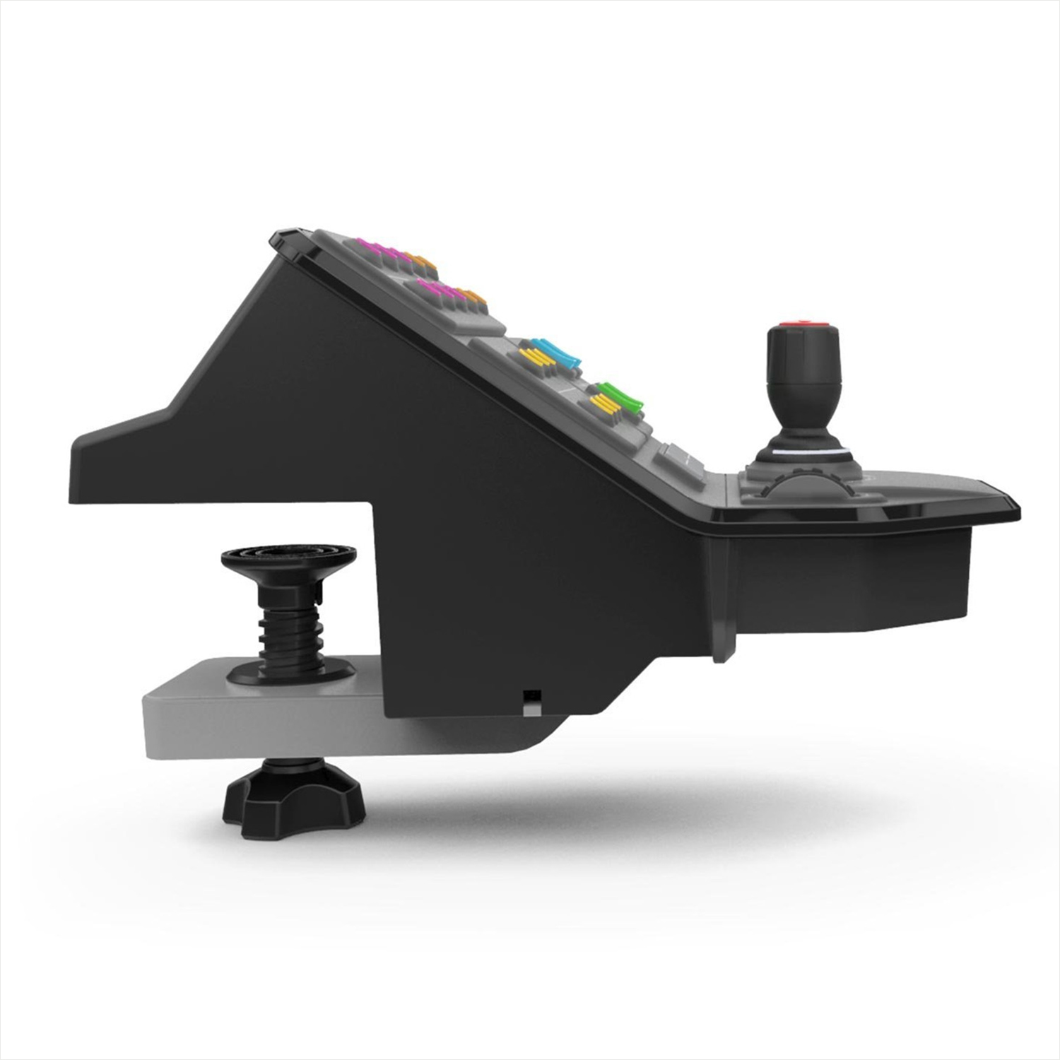Schwarzer Gaming-Controller mit Joystick und Knöpfen, an einer Klemme montiert.