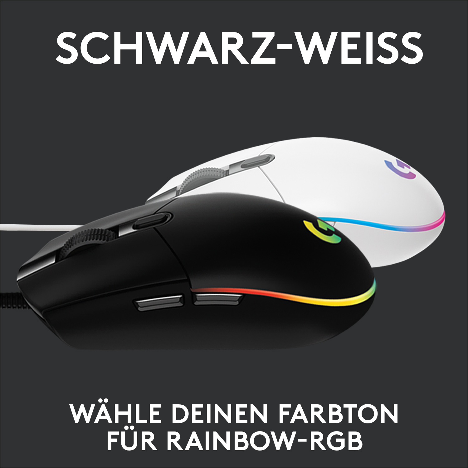 Zwei Computer-Mäuse, eine schwarze und eine weiße. Die weiße Maus hat einen Regenbogenrand.