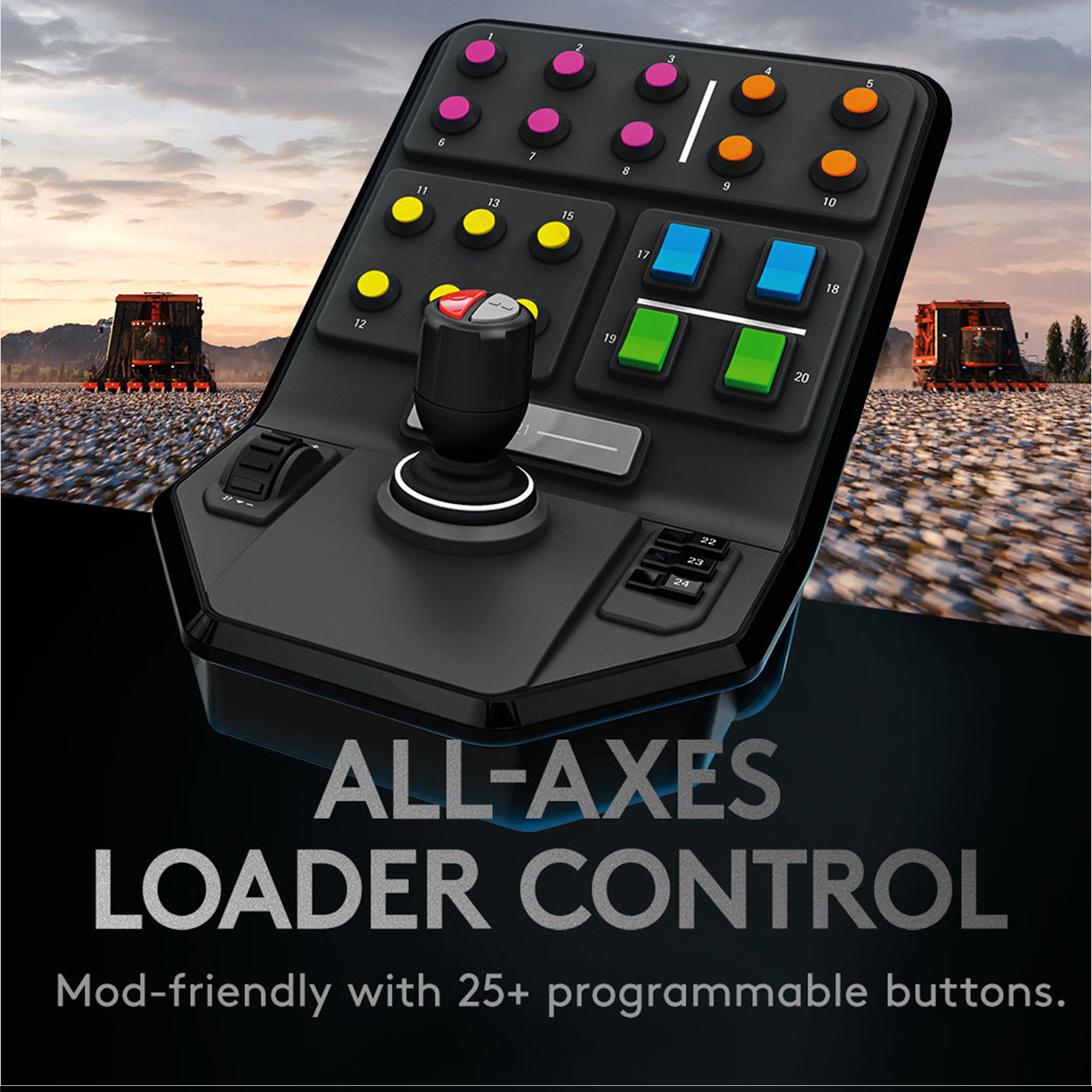 Ein schwarzes Bedienfeld für ein Fahrzeug. Es hat viele Knöpfe und einen Joystick. Der Hintergrund ist eine Landschaft.