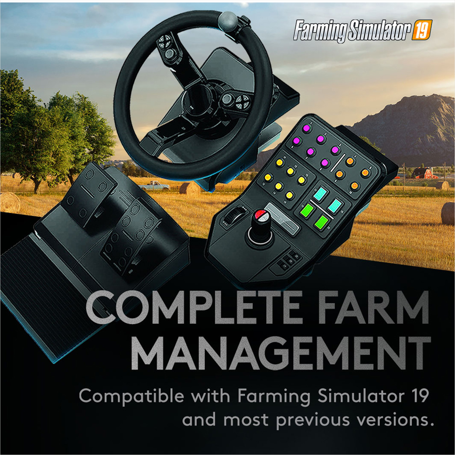 Landwirtschafts-Simulator-Spielzubehör: Lenkrad, Pedale und Bedienfeld.