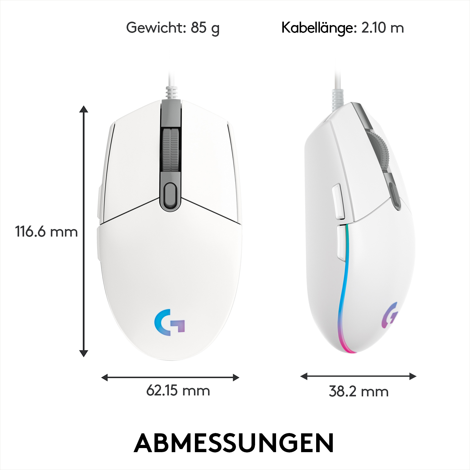 Weiße Computermaus mit Abmessungen und Spezifikationen. Die Maus hat ein G-Logo.