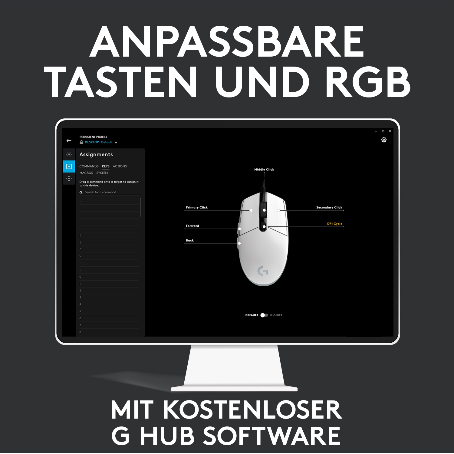 Computerbildschirm mit einer weißen Maus. Textüberlagerung: anpassbare Tasten und RGB.