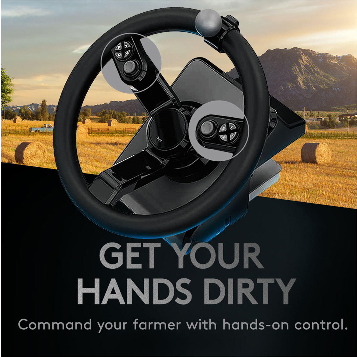 Schwarzes Lenkrad, zwei Bedienfelder und der Text 'GET YOUR HANDS DIRTY'. Feld im Hintergrund.