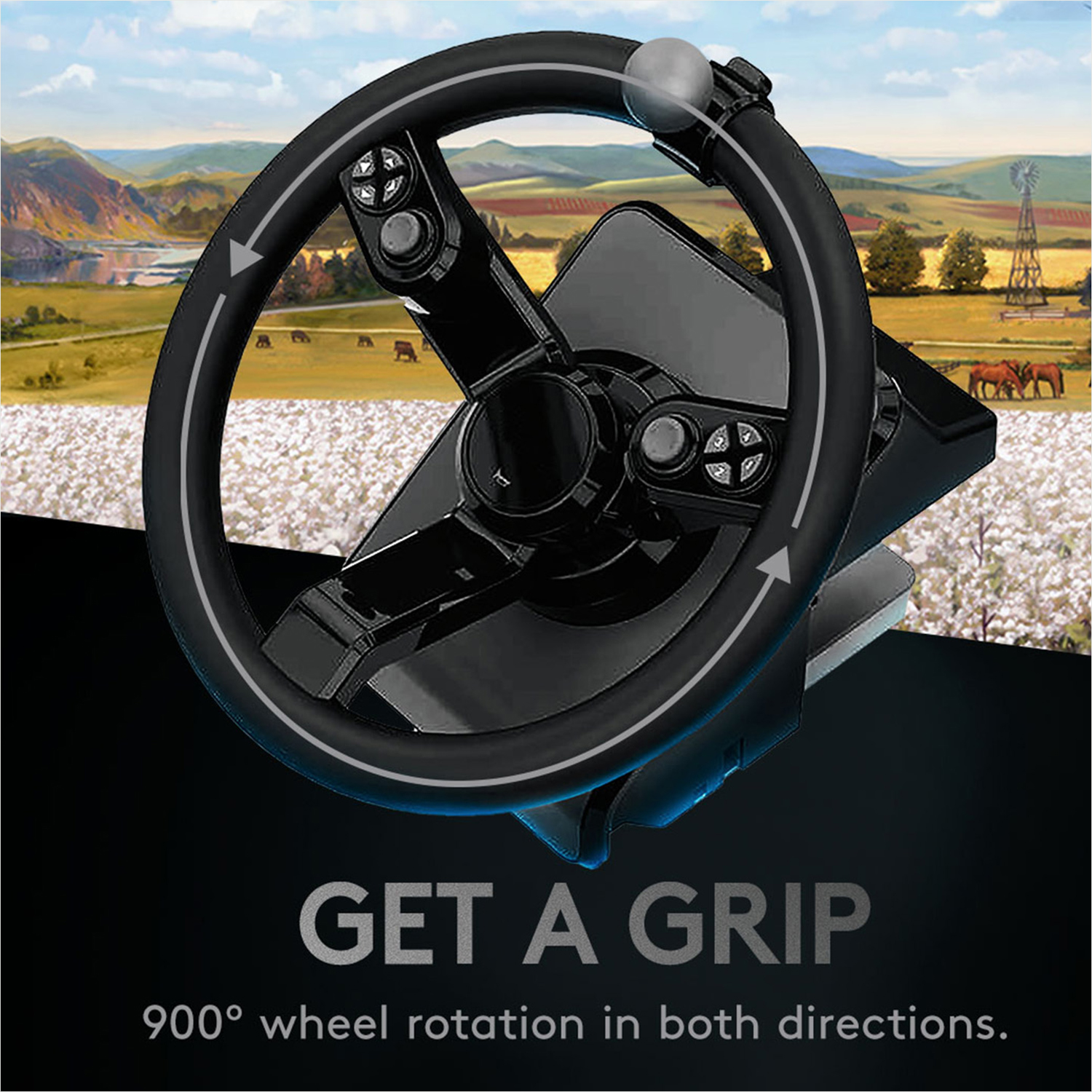 Ein schwarzes Lenkrad mit Knöpfen, montiert auf einer Basis. Text sagt "GET A GRIP" und Lenkradrotation.
