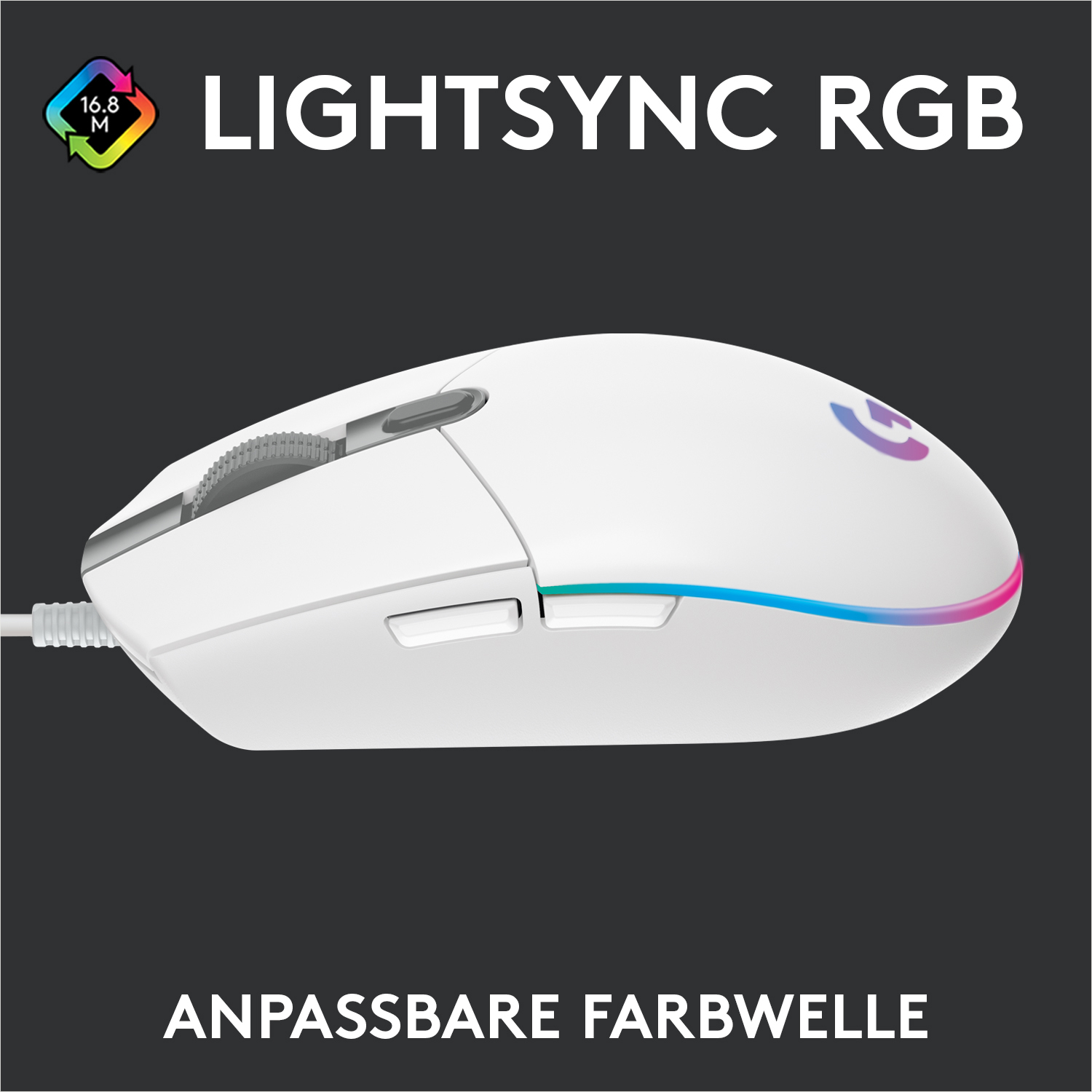 Weiße Gaming-Maus mit farbigen Lichtern. Schwarzer Hintergrund, Lichter an der Seite der Maus.
