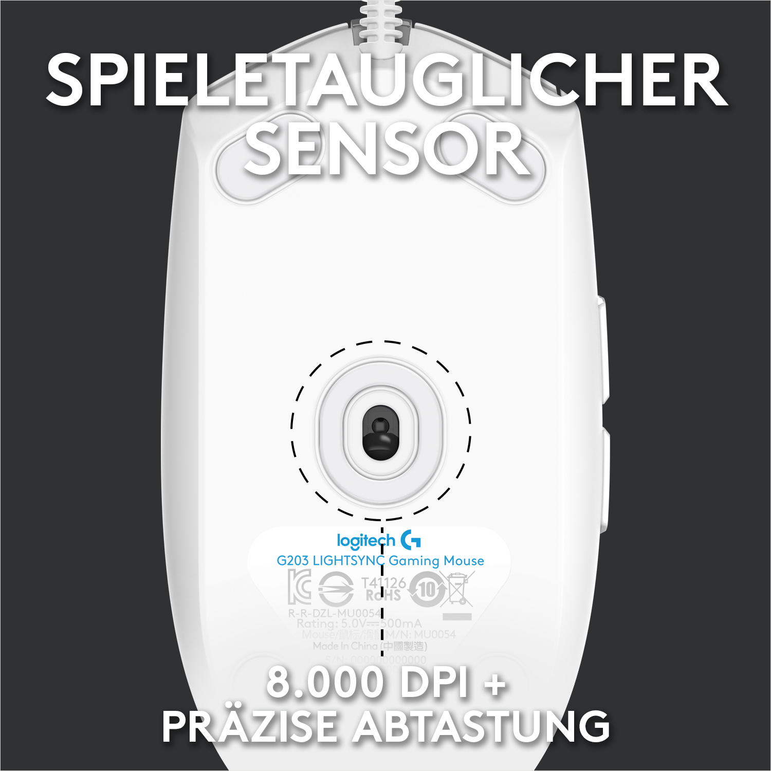 Weiße Logitech G203 Gaming-Maus, Unteransicht, mit Text und Sensordetails.