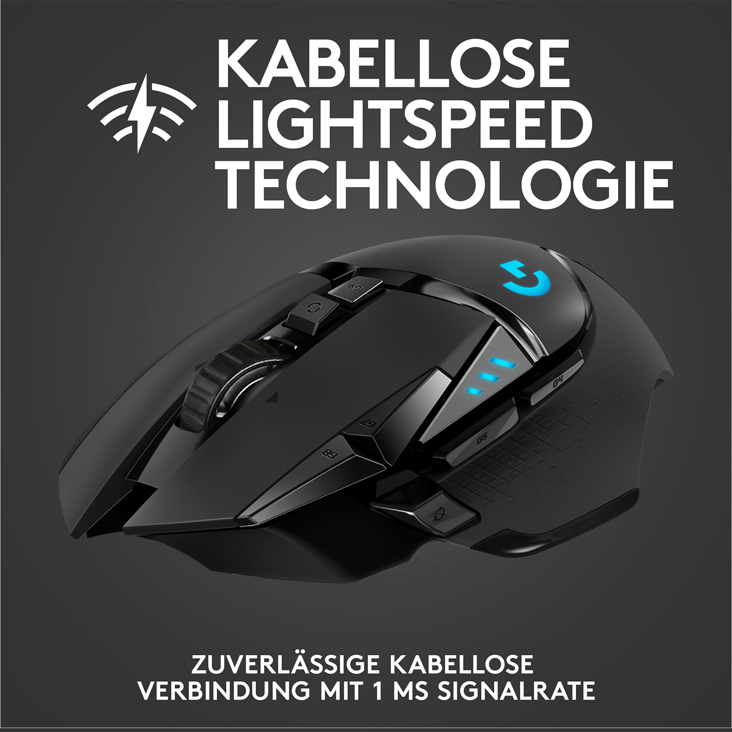 Schwarze kabellose Logitech-Maus mit Tasten und Informationen zur Wireless-Technologie.