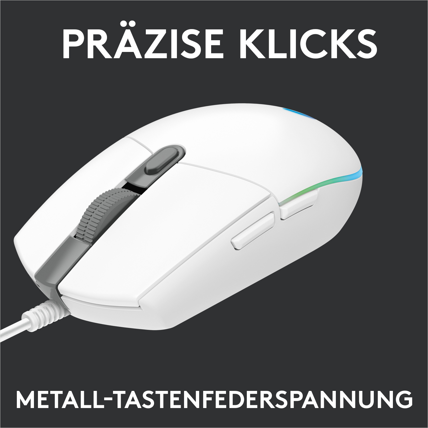 Weiße Maus mit Scrollrad und Tasten. Der Text lautet: Präzise Klicks.
