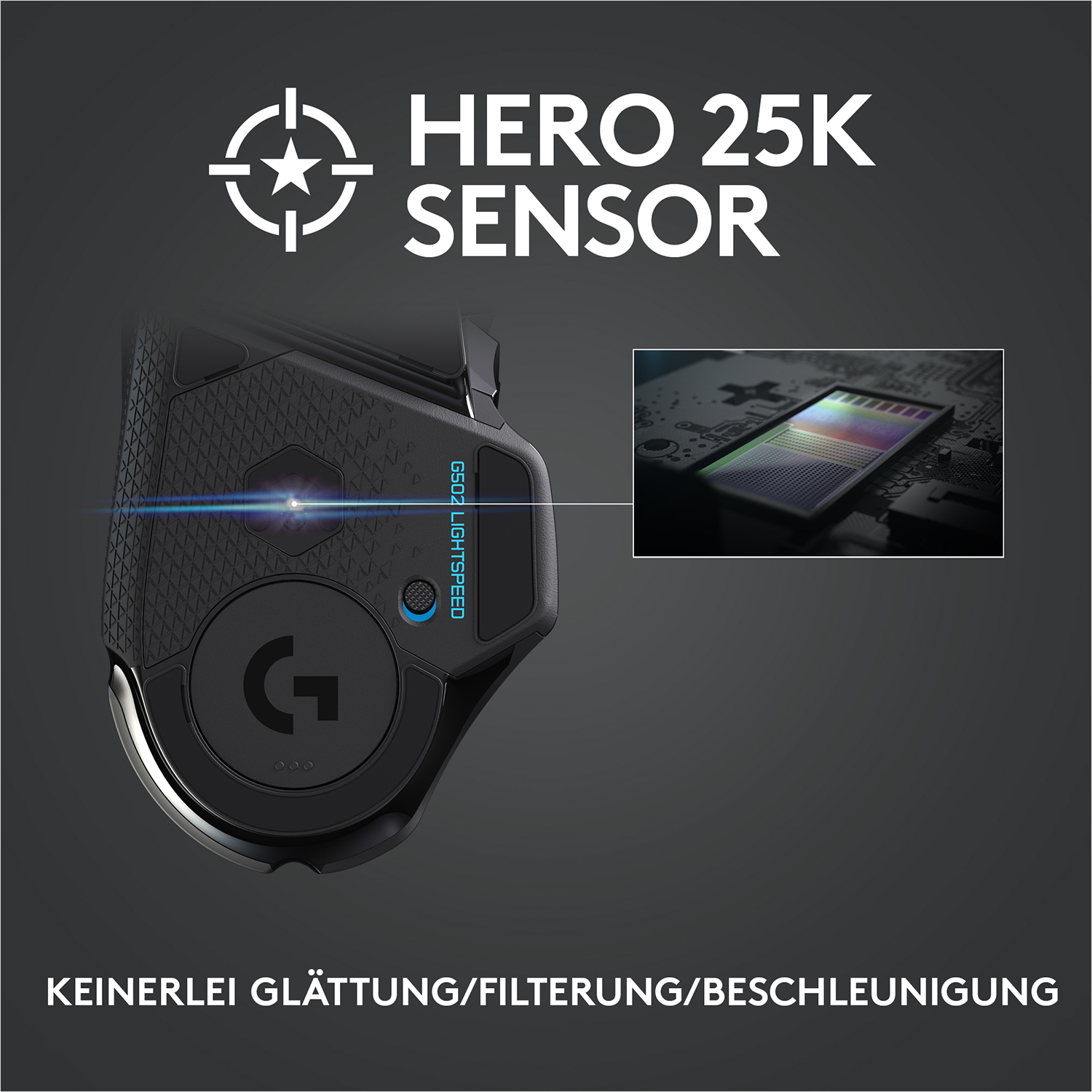 Gaming-Maus mit 'G'-Logo, Sensorbild und Text: HERO 25K SENSOR. Schwarz und dunkelgrau.